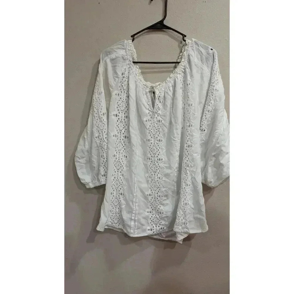 Women's white cotton peasant tunic w/ Eyelet detail by Chic Connection size 1X